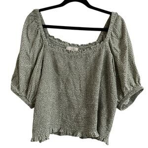 LOFT Women's Cropped Blouse Smocked US L Puff Sleeve Polka Dot Coquette Cottage